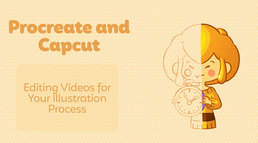 Image for the blog post "Procreate and Capcut: editing videos for your illustration process". IT appears Mel, the female character of Paimel Brand with a timer in her hands. Half of the drawing is an sketch, and the other half is the final artwork.