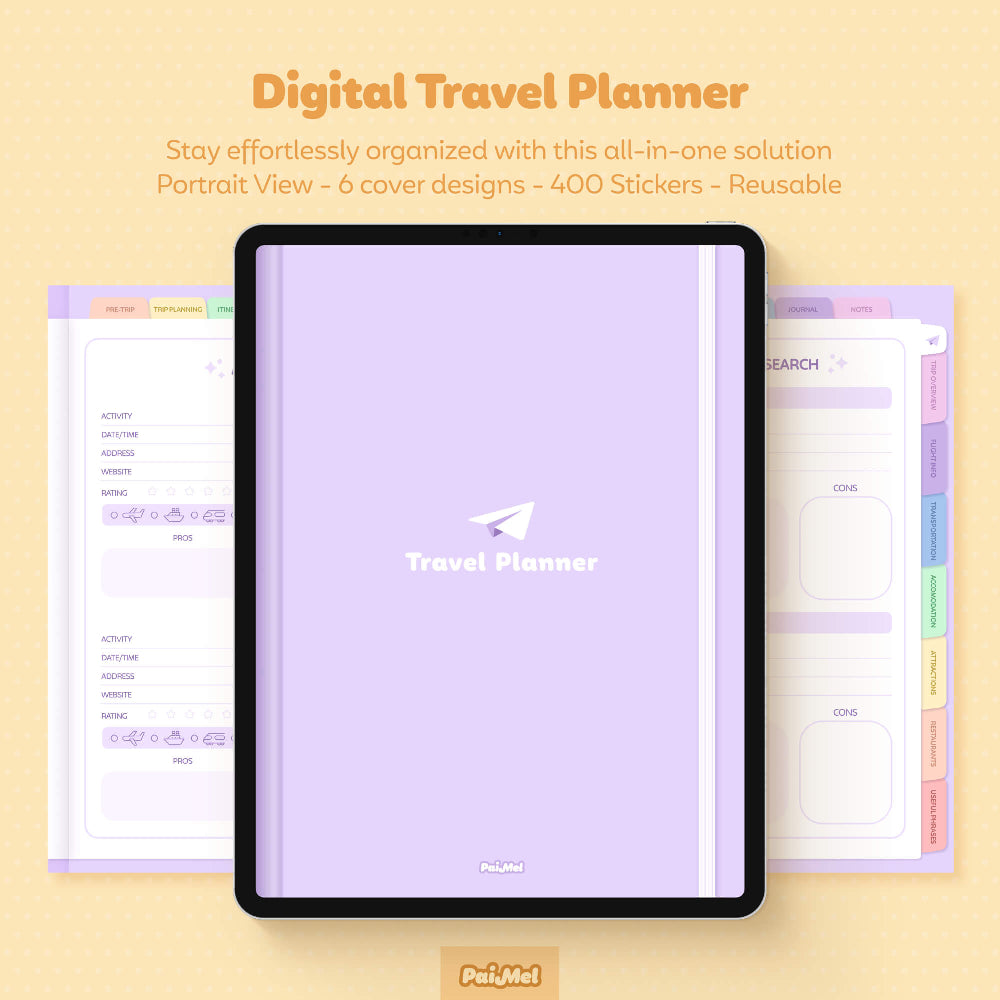 The image features a pastel yellow background with an iPad at the center displaying the lavender cover of the Digital Travel Planner from Paimel. On either side of the iPad, there's a page from the planner, showcasing its design and layout.