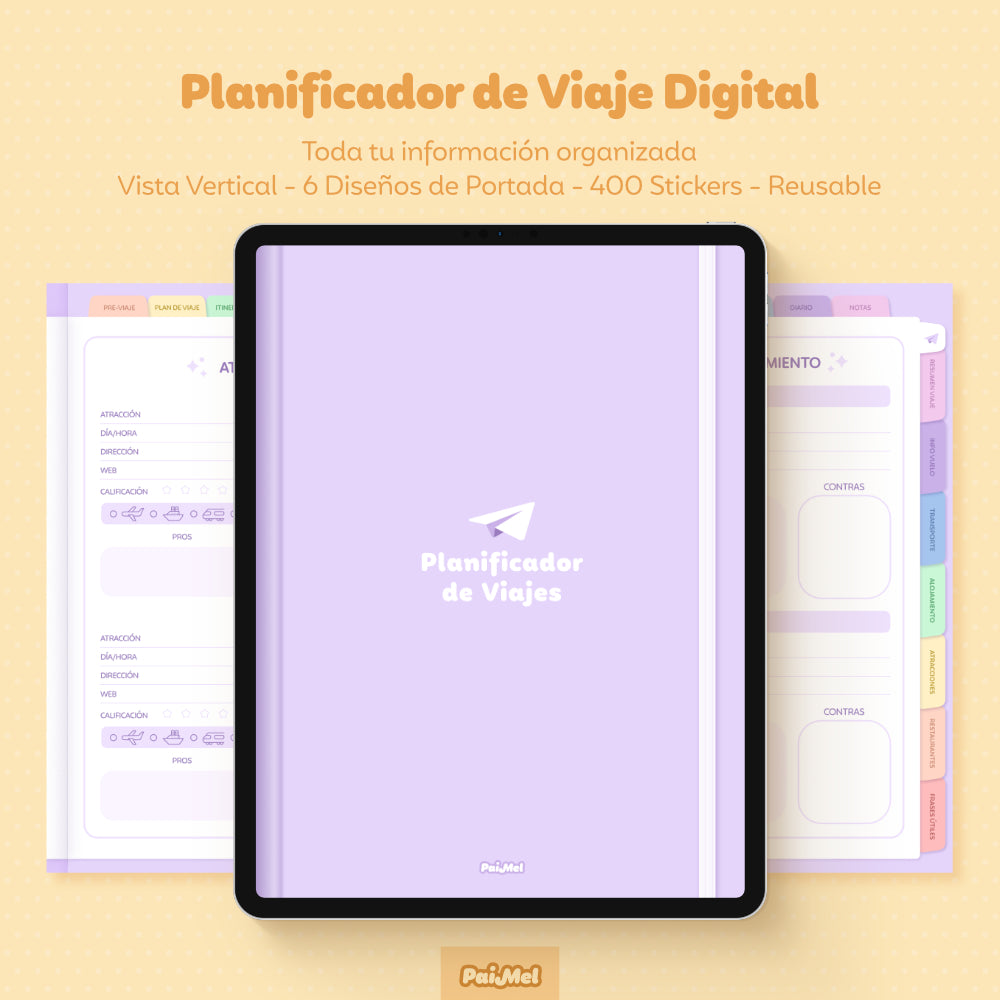 The image features a pastel yellow background with an iPad at the center displaying the lavender cover of the Digital Travel Planner from Paimel. On either side of the iPad, there's a page from the planner in Spanish, showcasing its design and layout