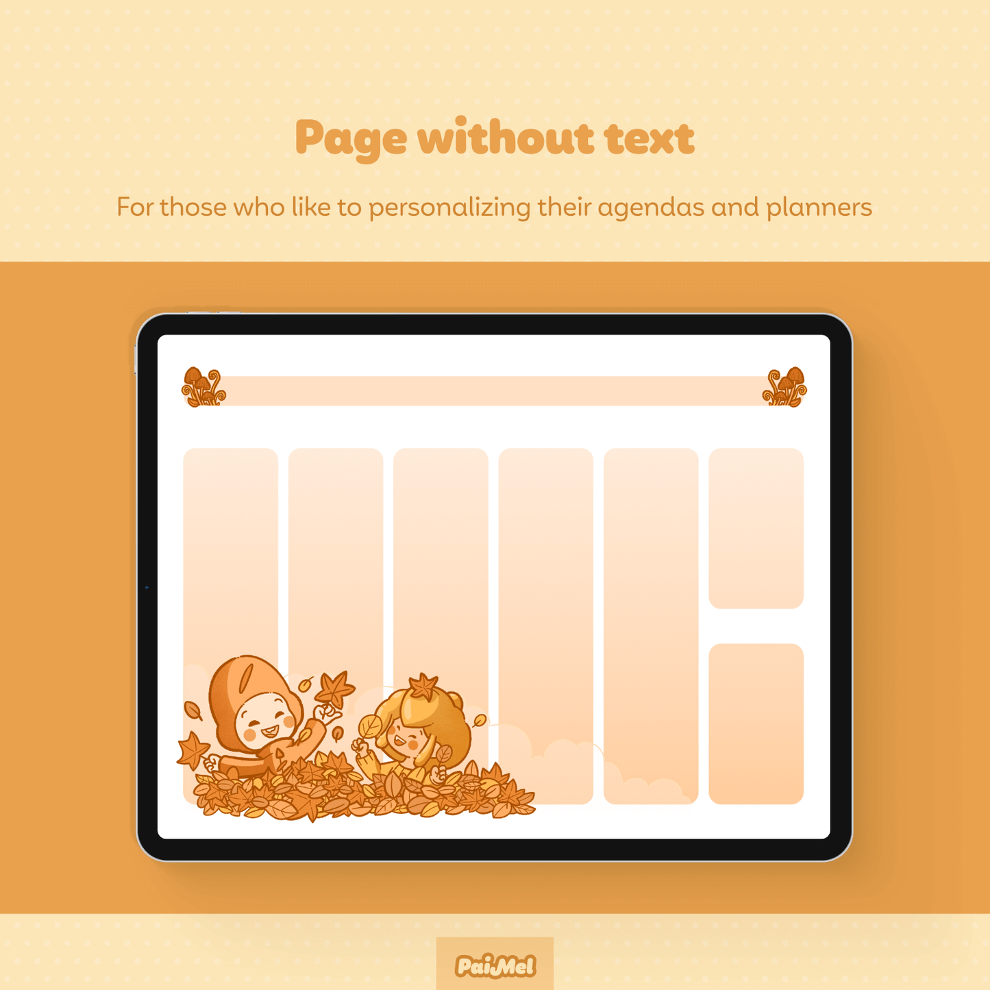 Pastel yellow background showcasing and iPad with a fall themed weekly page by Paimel Studio. The Page does not contain text to be personalized by the user.