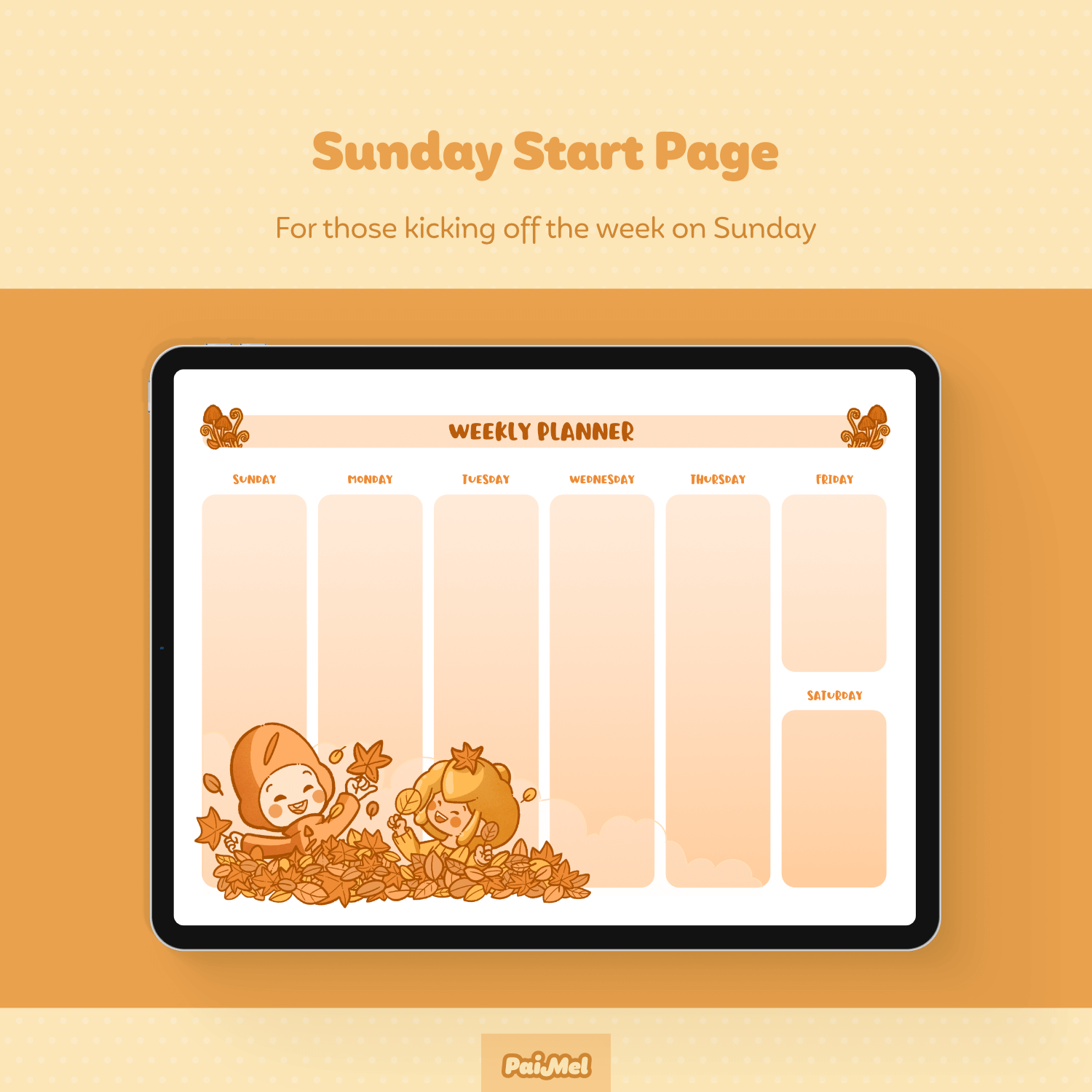 Pastel yellow background showcasing and iPad with a fall themed weekly page by Paimel Studio. The Page  contain text for the week from Sunday to Monday.