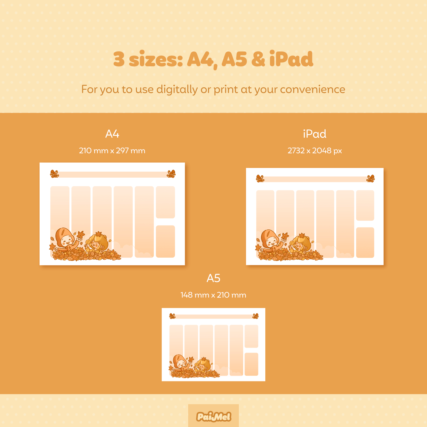Pastel yellow background showcasing 3 Fall Weekly Pages by Paimel Studio in 3 different sizes: dinA4, dinA5 and iPad sizes.