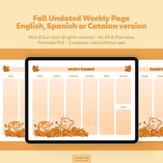 astel yellow background showcasing and iPad with a fall themed weekly page by Paimel Studio in English. On the sides two pages, one written in Spanish and the other in Catalan 