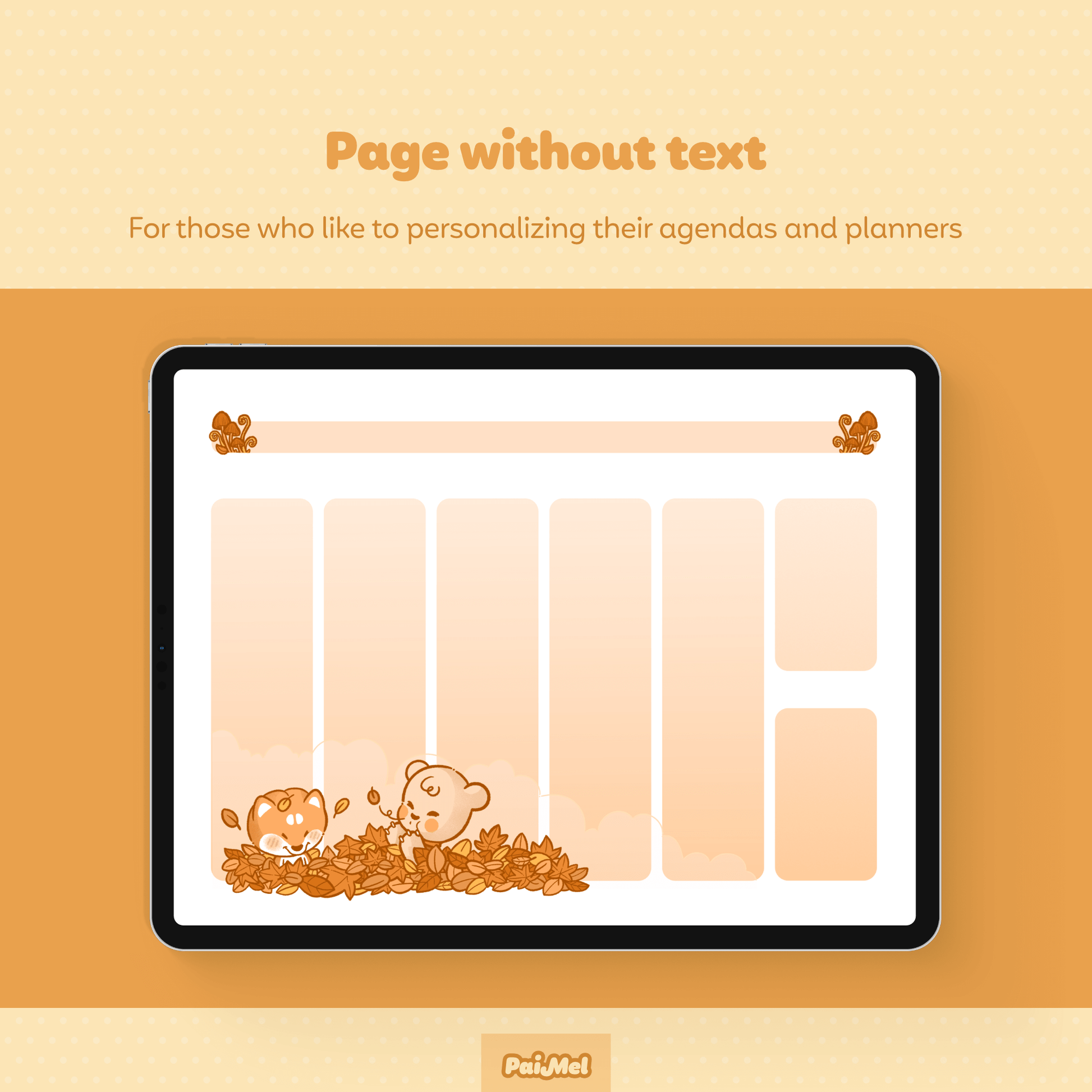 Pastel yellow background showcasing and iPad with a fall themed weekly page by Paimel Studio. The Page does not contain text to be personalized by the user.