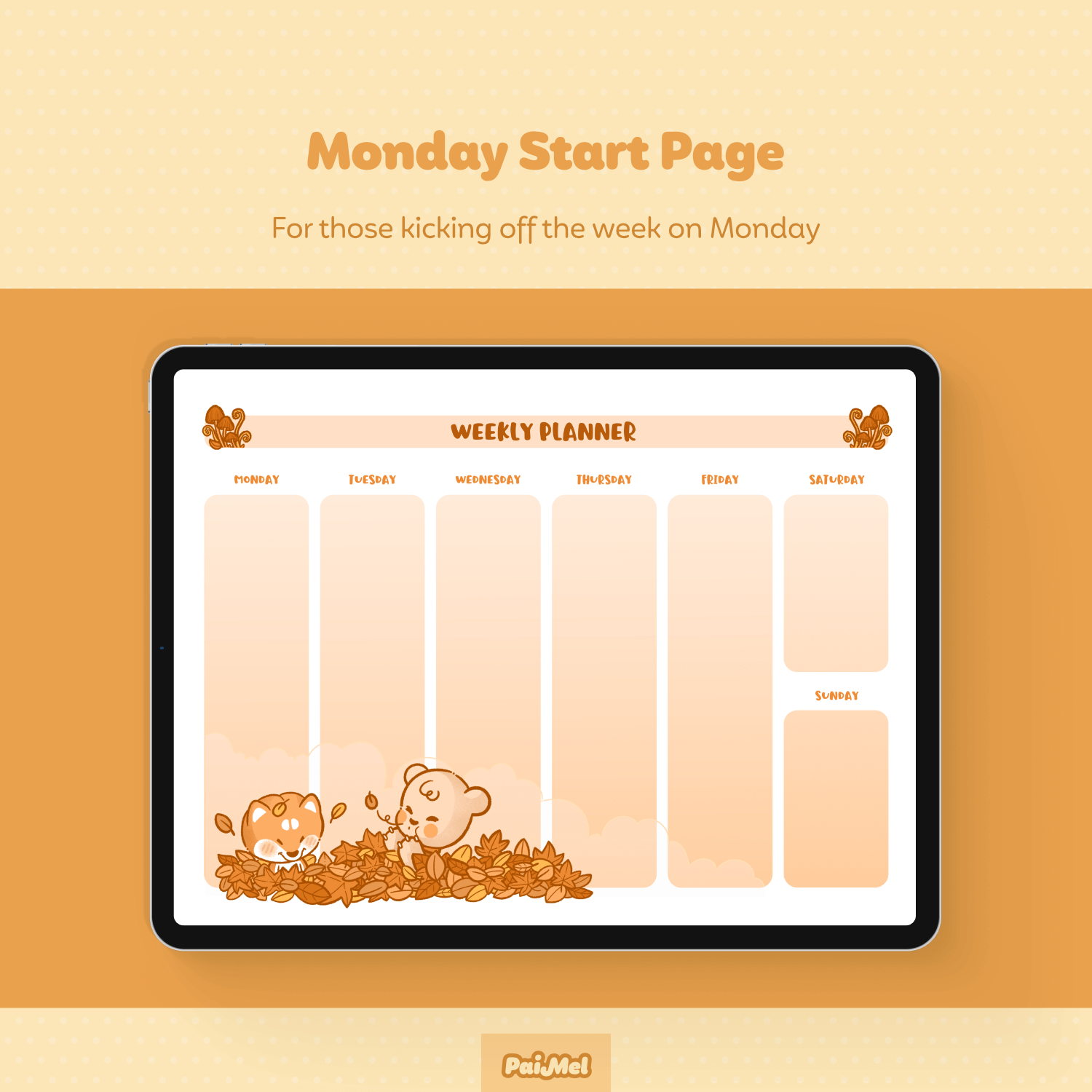 astel yellow background showcasing and iPad with a fall themed weekly page by Paimel Studio. The Page  contain text for the week from Monday to Sunday.