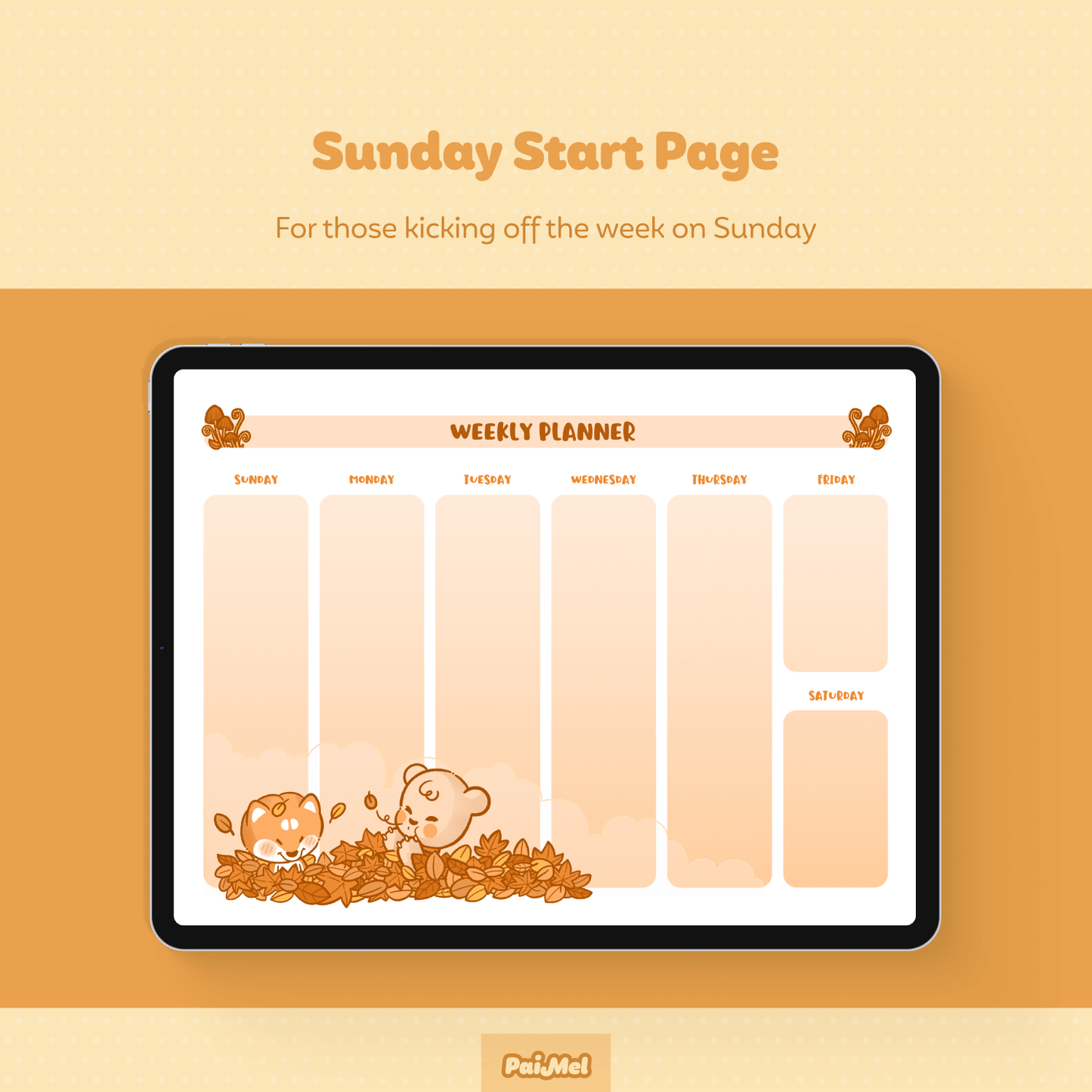 Pastel yellow background showcasing and iPad with a fall themed weekly page by Paimel Studio. The Page  contain text for the week from Sunday to Monday.