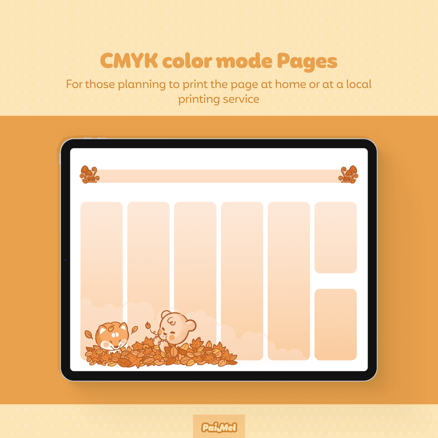 Pastel yellow background showcasing and iPad with a fall themed weekly page by Paimel Studio. The Page does not contain text and it is a page in CMYK color mode to be printed at home o at local printing service.