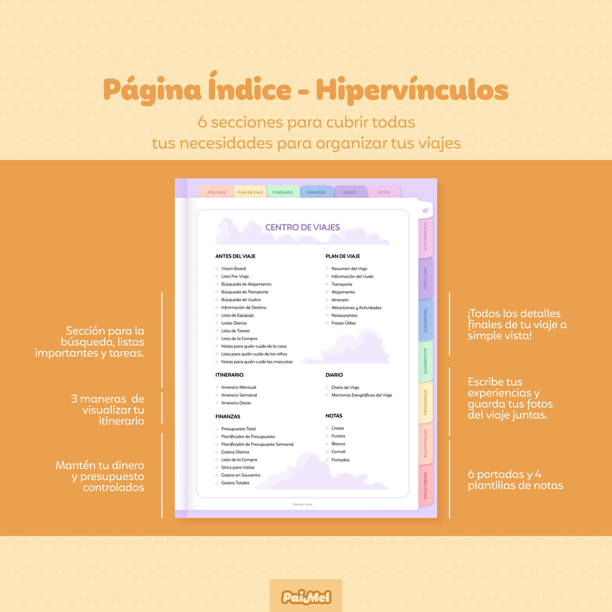 The image has a pastel yellow background showcasing the index page of the Digital Travel Planner in Spanish by Paimel. It highlights the 6 sections: Pre-trip, Trip Planning, Itinerary, Journal, Travel Finances, and Notes. he page is white with lavender clouds.