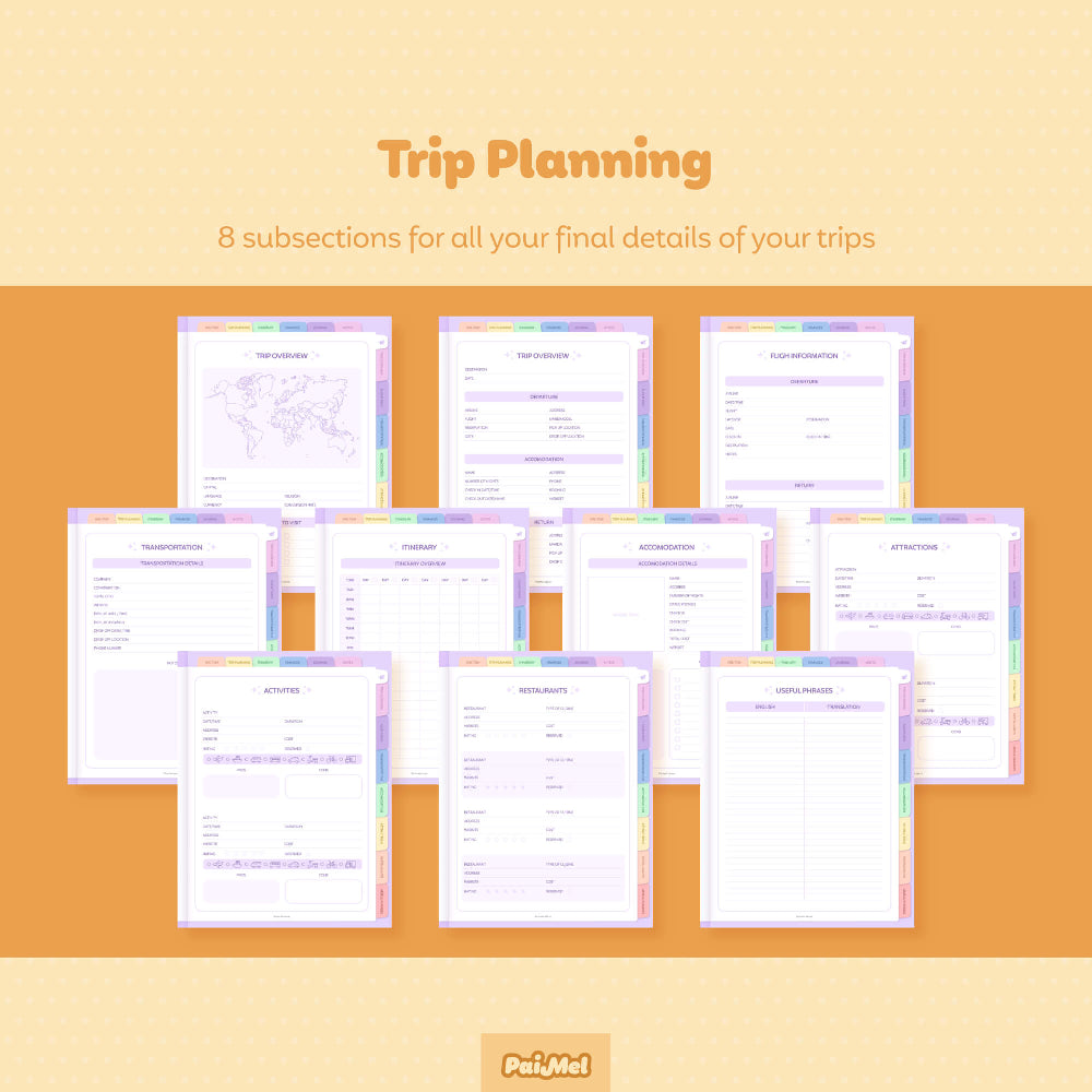 A pastel yellow background displaying 10 pages showcasing the 8 sections for Trip Planning: Trip Overview, Flight, Transportation, Accommodation, Itinerary, Attractions, Activities, Restaurants, and Useful Phrases. All the final details for your trip.