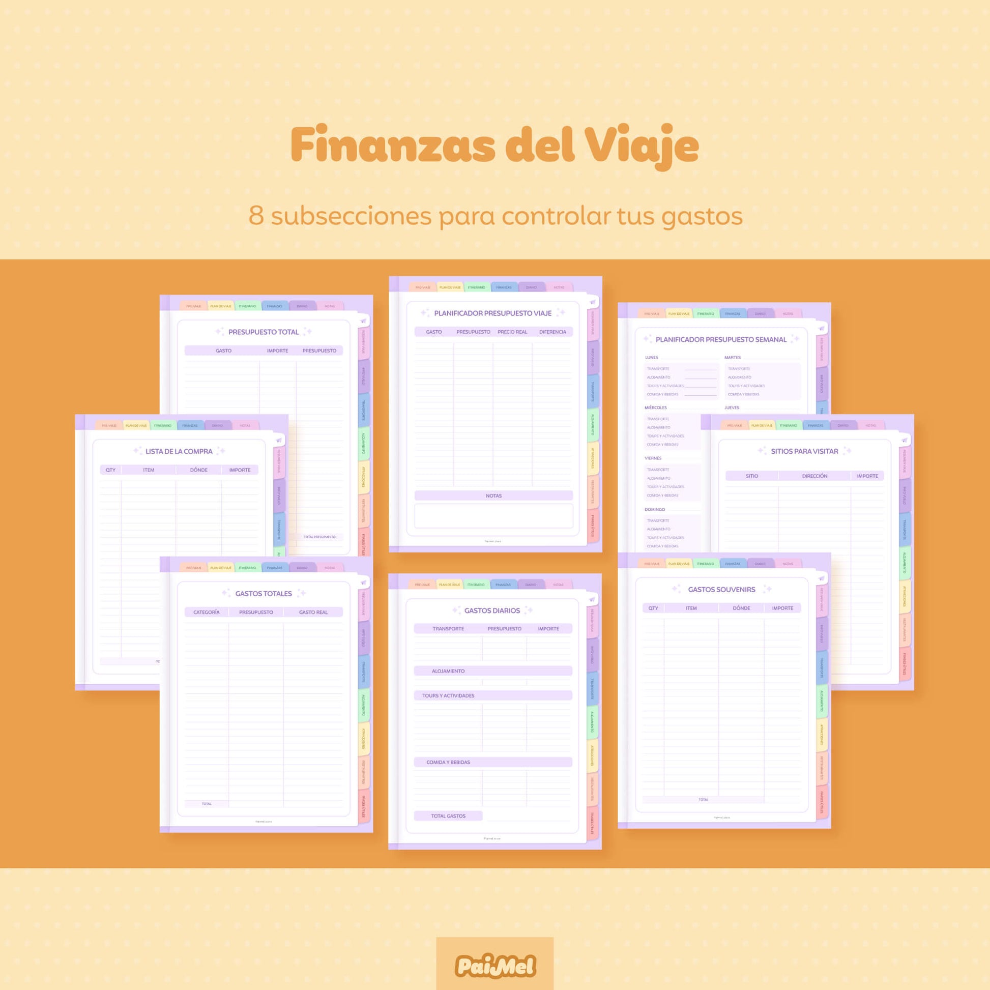 Pastel yellow background and 8 pages for Travel Finances Section in the Digital Travel Planner in Spanish by Paimel that include total budget, budget planner, weekly & daily expenses, shopping list, places to visit, souvenirs expenses, and total costs.