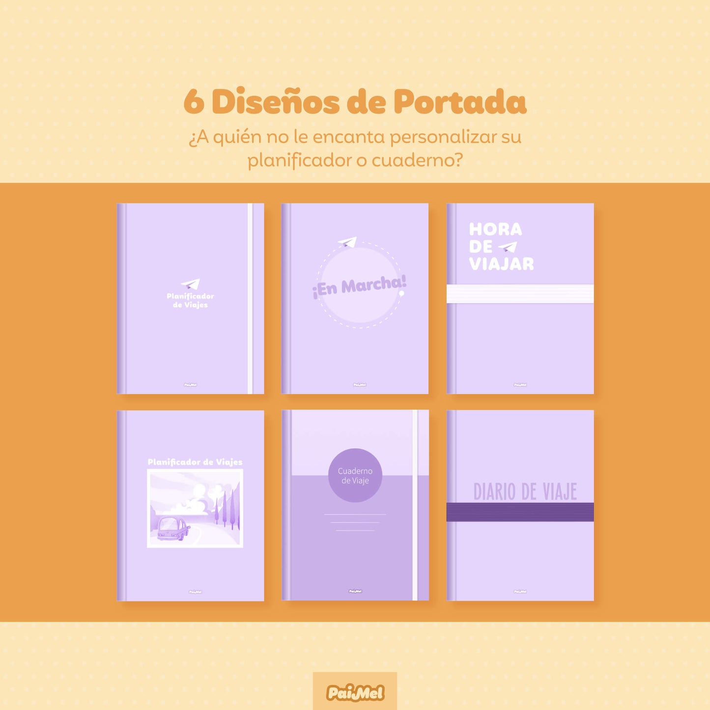 Pastel yellow background displays 6 different lavender cover styles for the Digital Travel Planner in Spanish by Paimel, catering to various tastes.