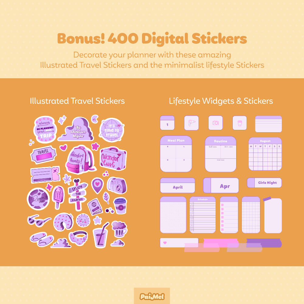 Pastel yellow background showcases stickers in lavender, violet, and pink tones from the Digital Travel Planner by Paimel. The 400 stickers include travel-specific illustrated stickers and, as a bonus, lifestyle labels, notes, widgets, and icons.