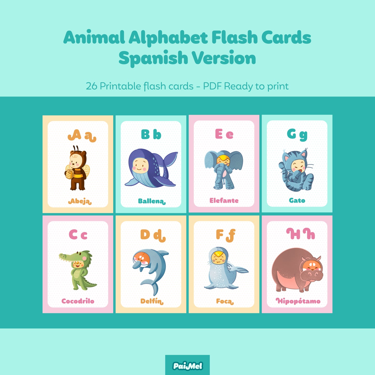 Printable Animal Alphabet Flash Cards in SPANISH