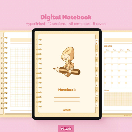 Pink Background showcasing a digital notebook with 12 sections, 48 templates and 8 cover options. Full hyperlinked.