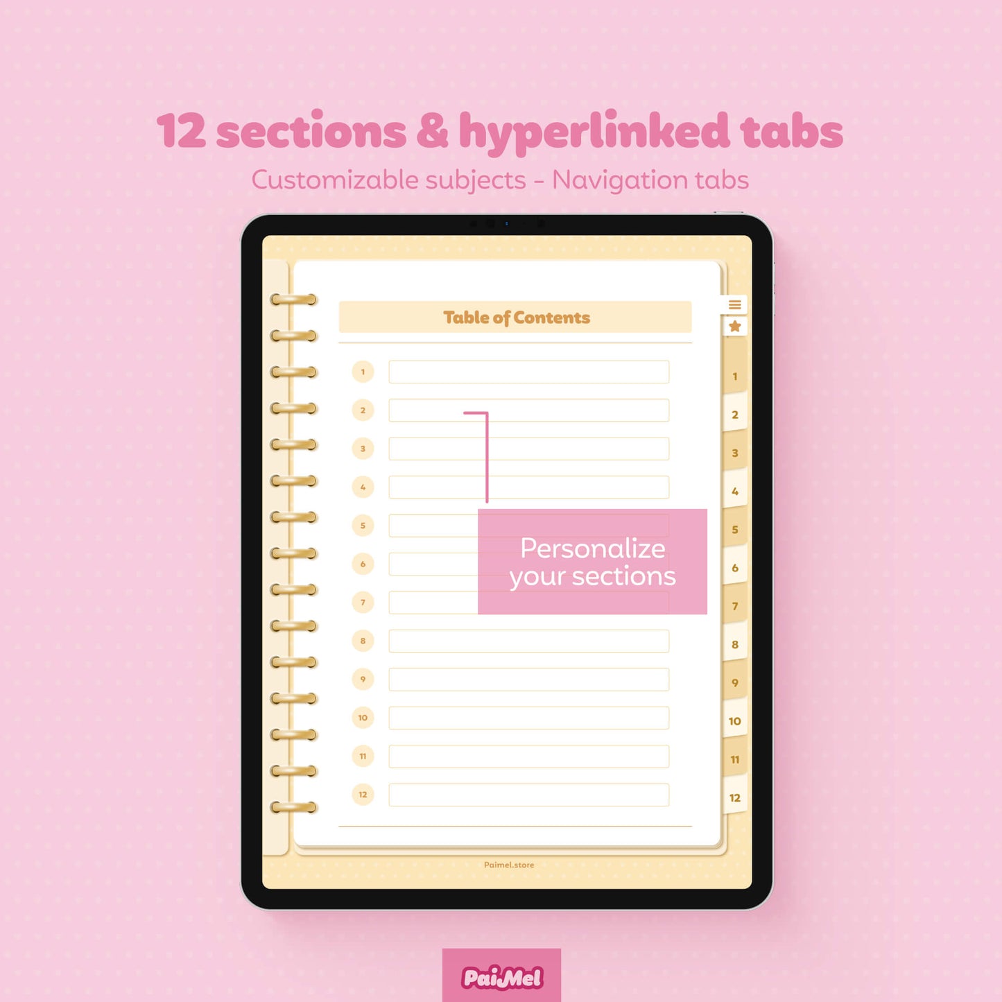 A pink background showcasing an iPad with a digital notebook hyperlinked in pastel yellow colors. In the image it appears the table of contents with 12 customizable sections