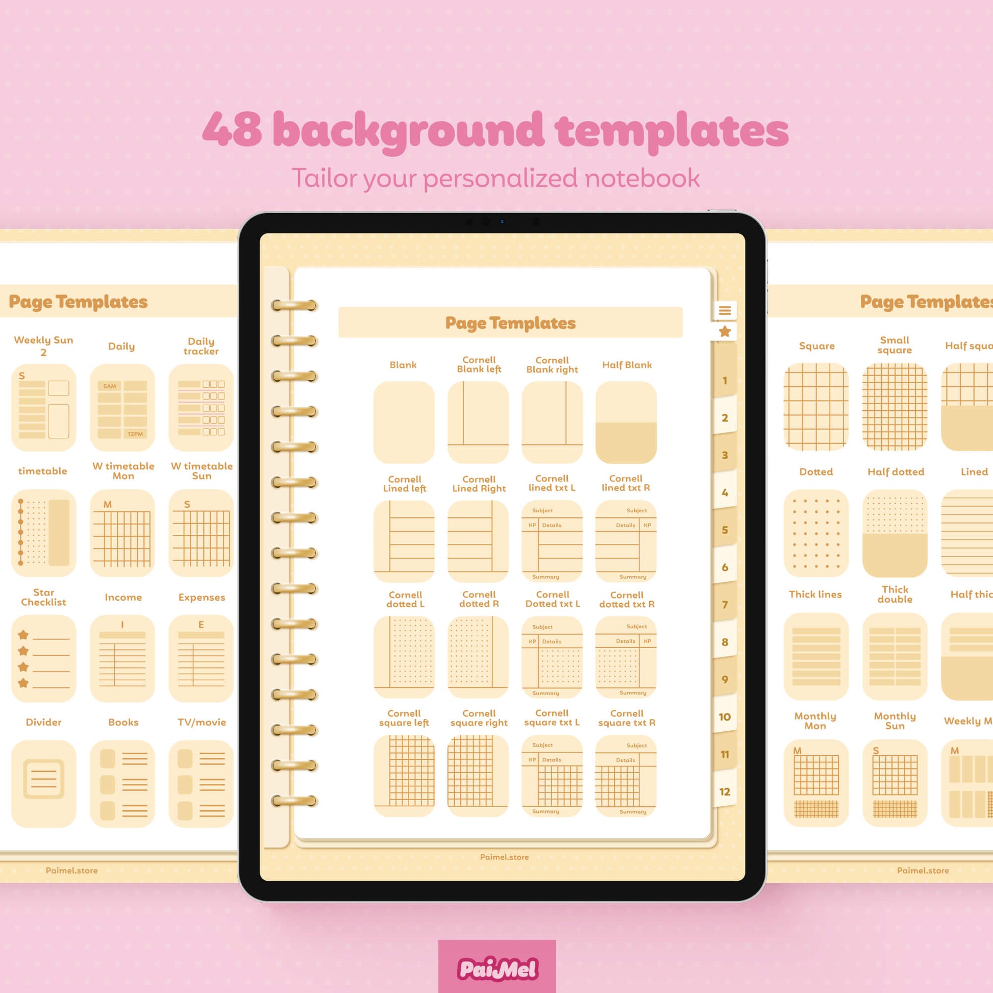 A pink background showcasing the 48 templates available for the digital notebook with 12 sections.