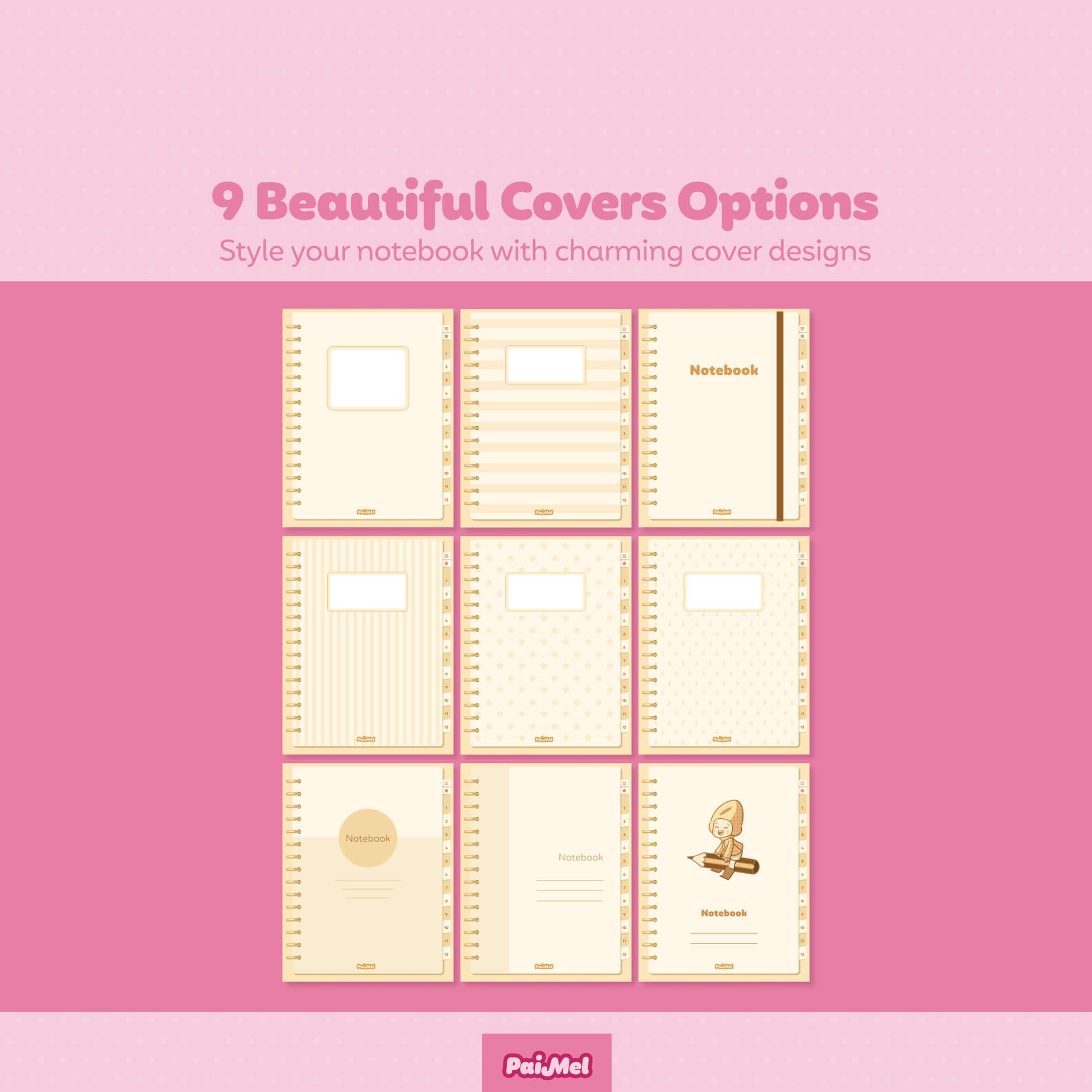 A pink background showcasing the 8 covers available for the digital notebook with 12 sections