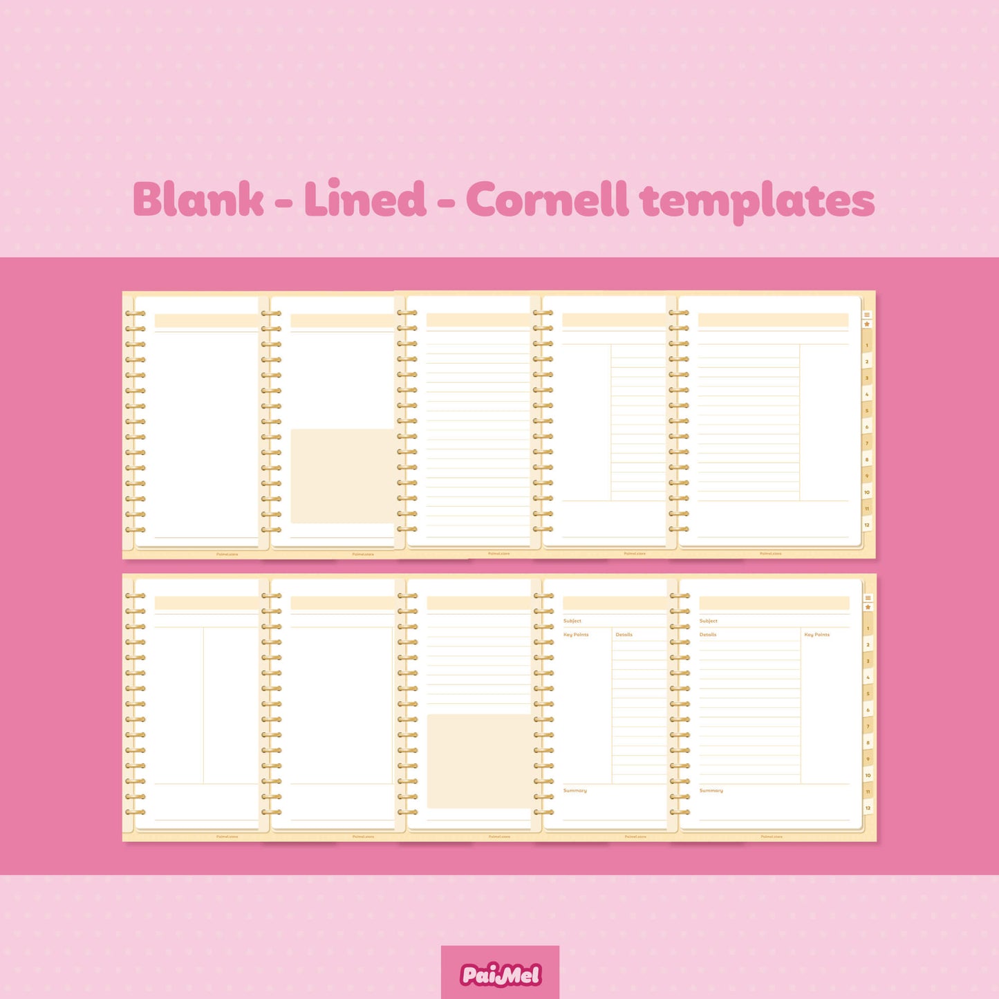 A pink background showcasing 10 templates for the digital notebook- These templates are a mix of blank and lined templates and cornell style.