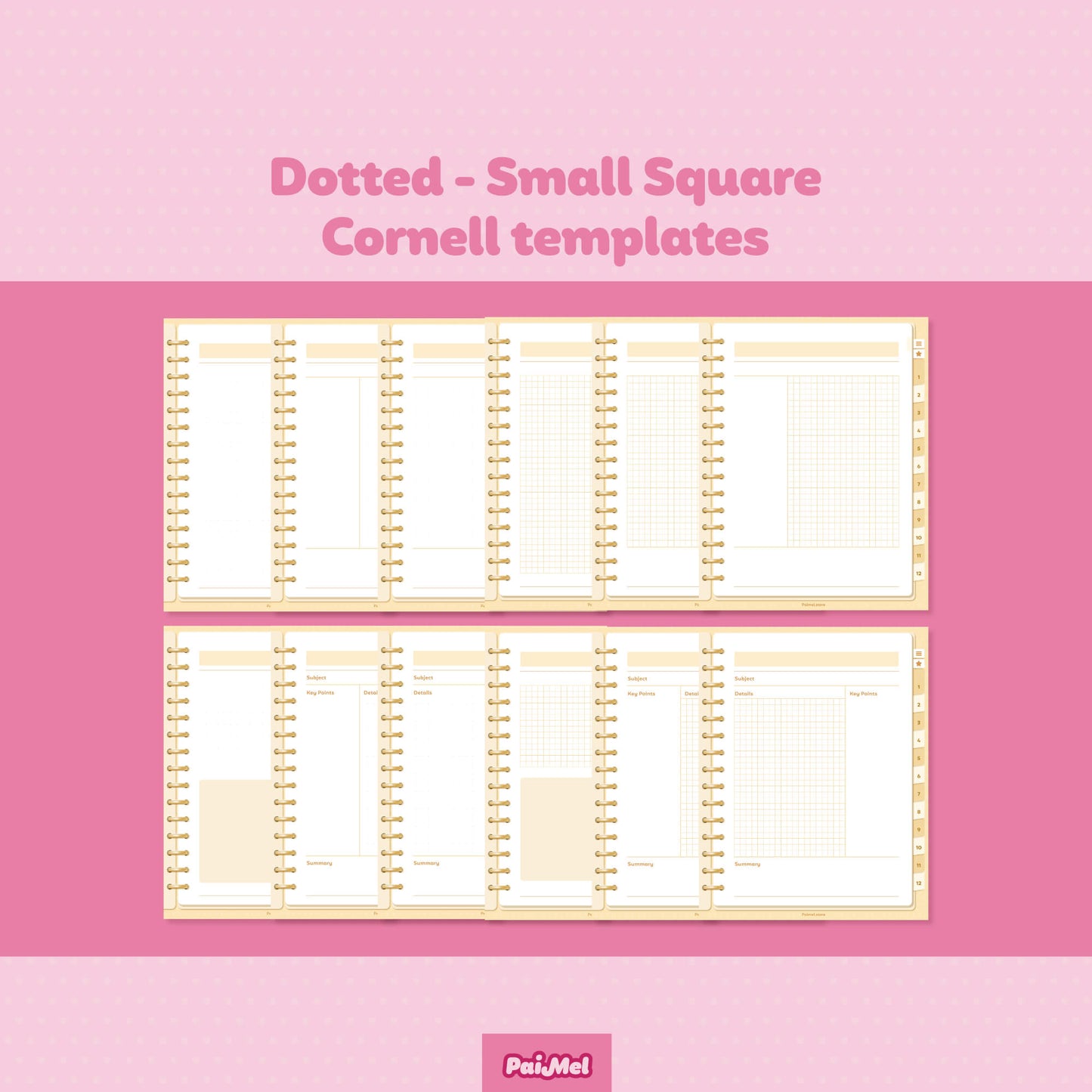 A pink background showcasing 12 templates: dotted, small square or grid and cornell style.