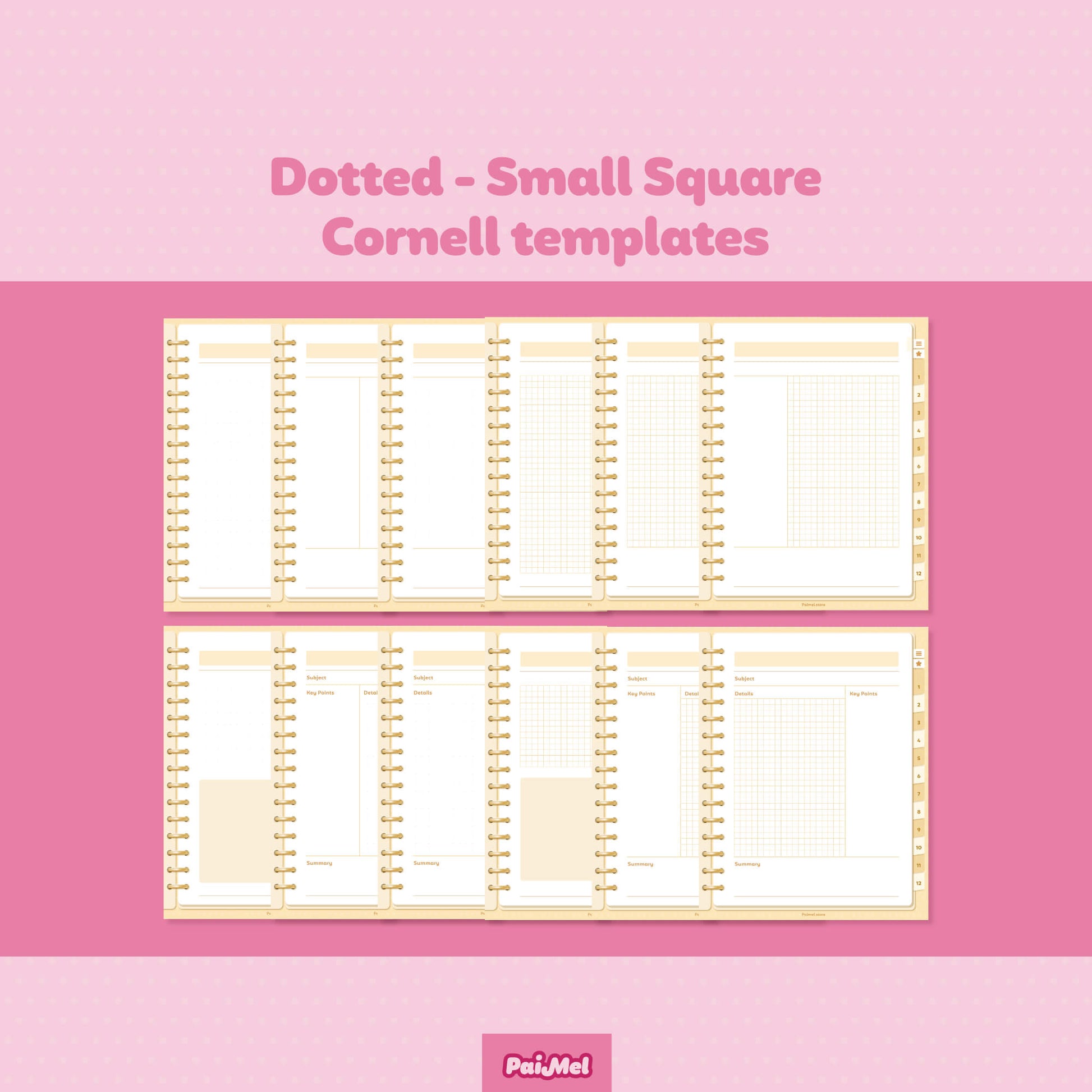 A pink background showcasing 12 templates: dotted, small square or grid and cornell style.