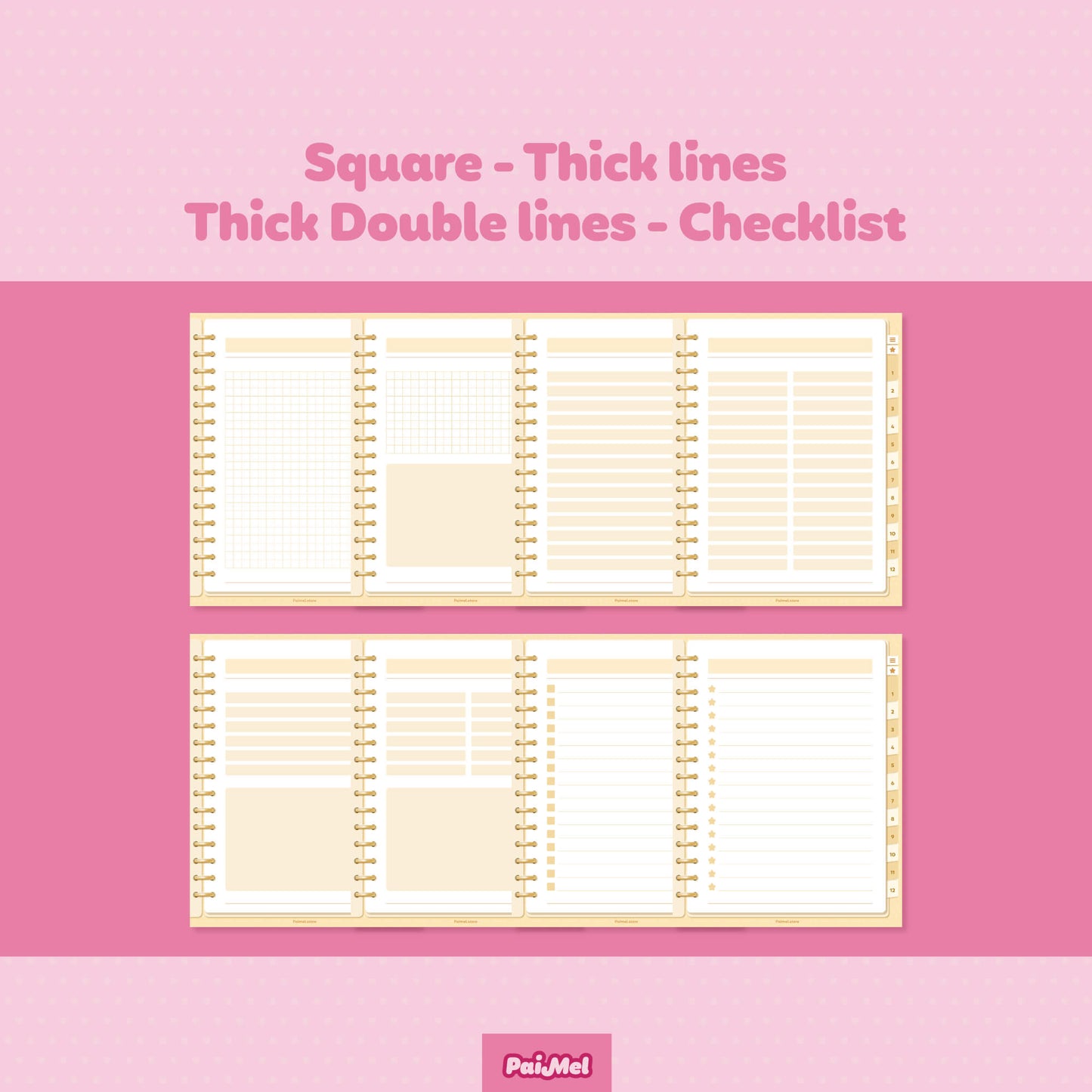 A pink background showcasing 8 templates: square, thick lines, thick double lines and checlist styles.