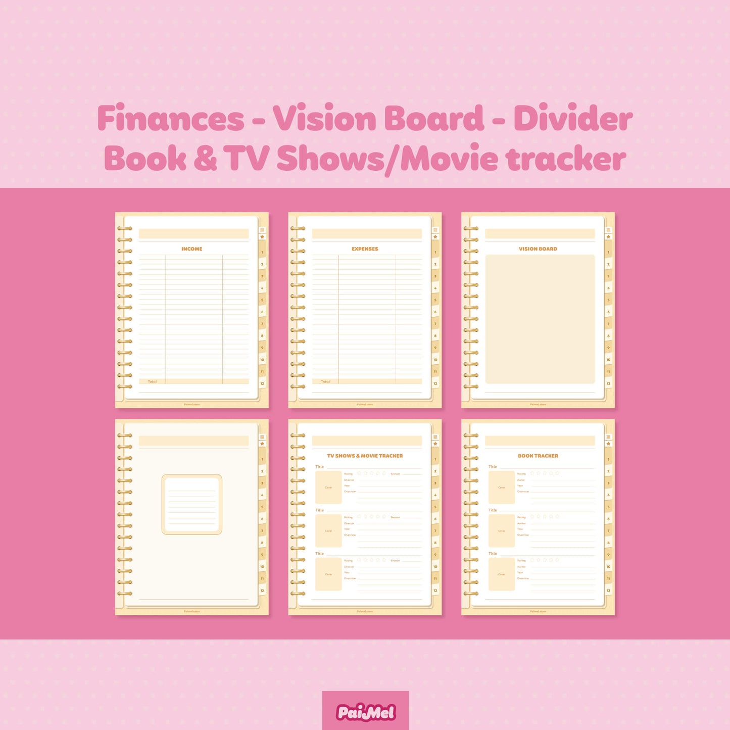 A pink background showcasing 6 templates: finances, vision board, divider, book tracker, tv shows and movie tracker.