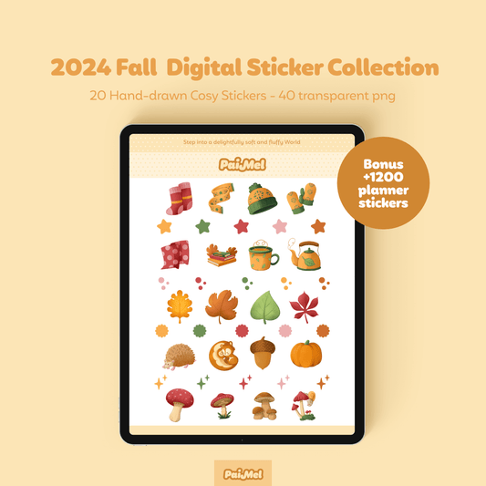 Pastel yellow background images showcasing the Paimel Digital Sticker Collection on an iPad.20 Hand-drawn stickers, plus 20 shaped decoration and more than 1200 specially designed for planners.