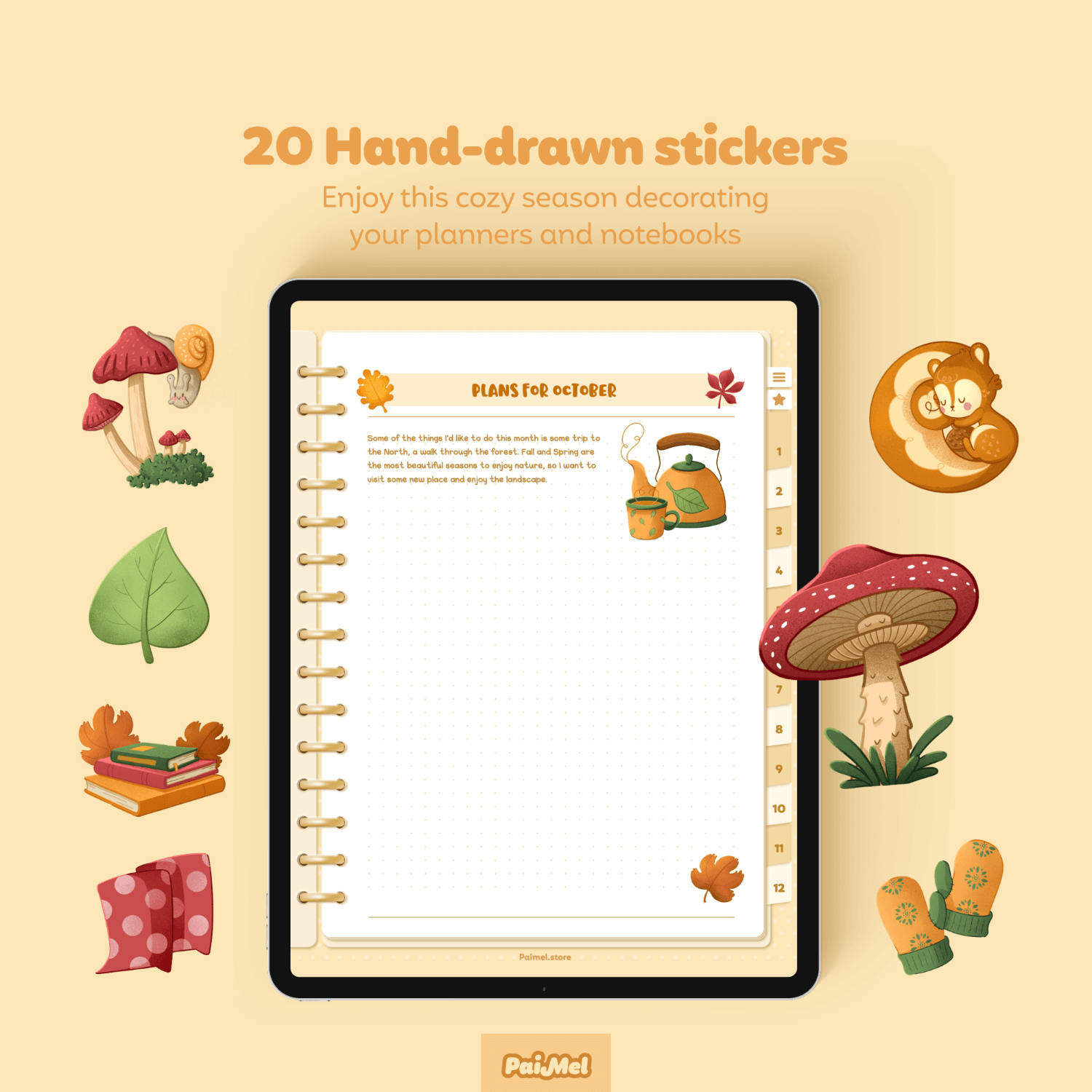 Yellow pastel background image showcasing a digital notebook pagebook decorated with Paimel fall digital sticker collection.
