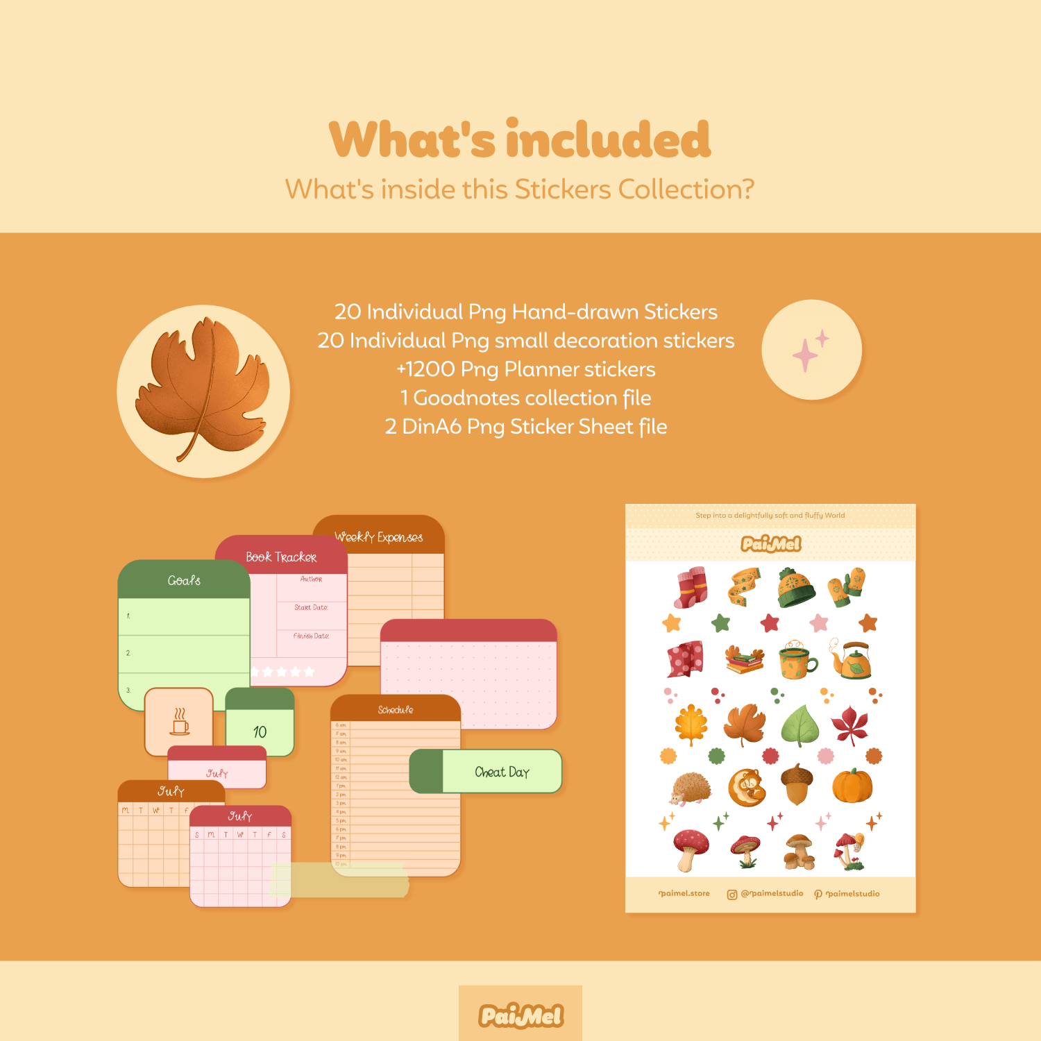 A yellow pastel image showcasing the list of different files included within the Paimel digital sticker collection: 20 hand-drawn stickers, 20 small decoration stickers, more than 1200 planner stickers, 2 Goodnotes collection file and 1 DinA6 sheet.