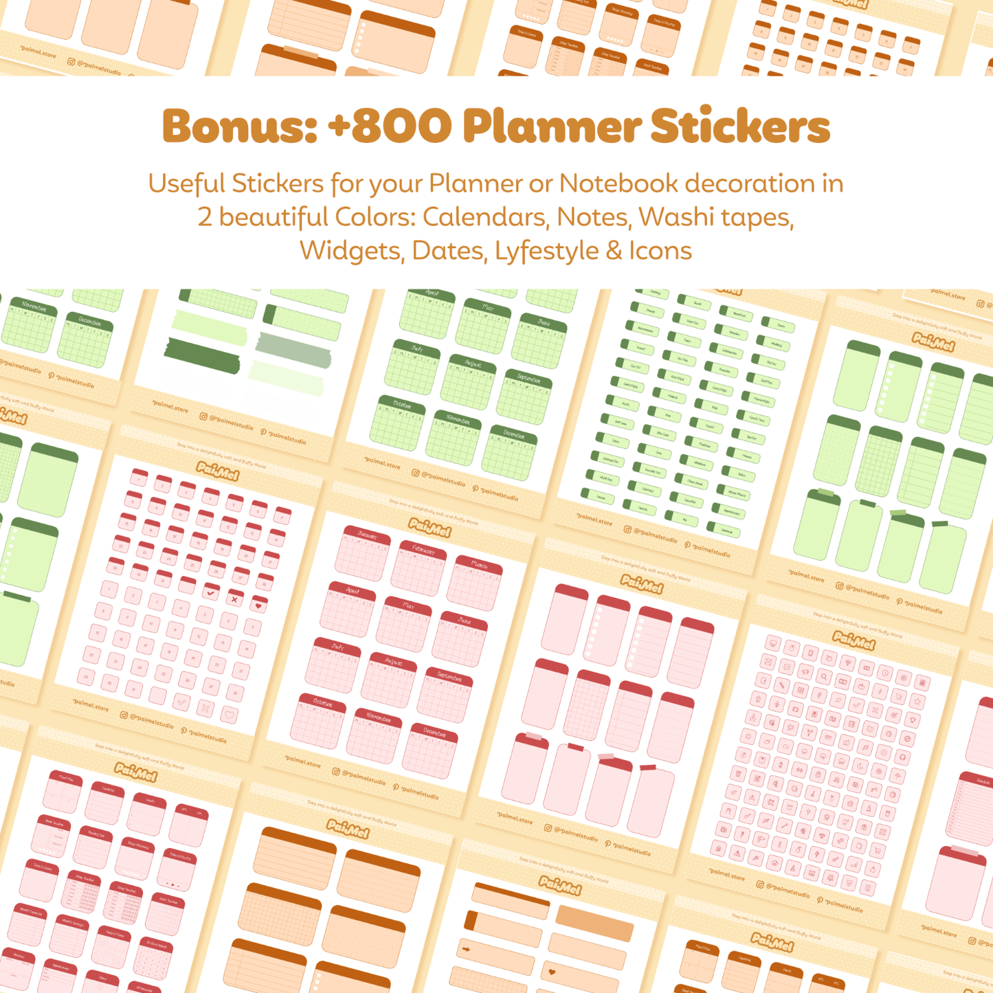 An image showcasing the 1200 planner stickers included within the Paimel fall digital sticker collection.