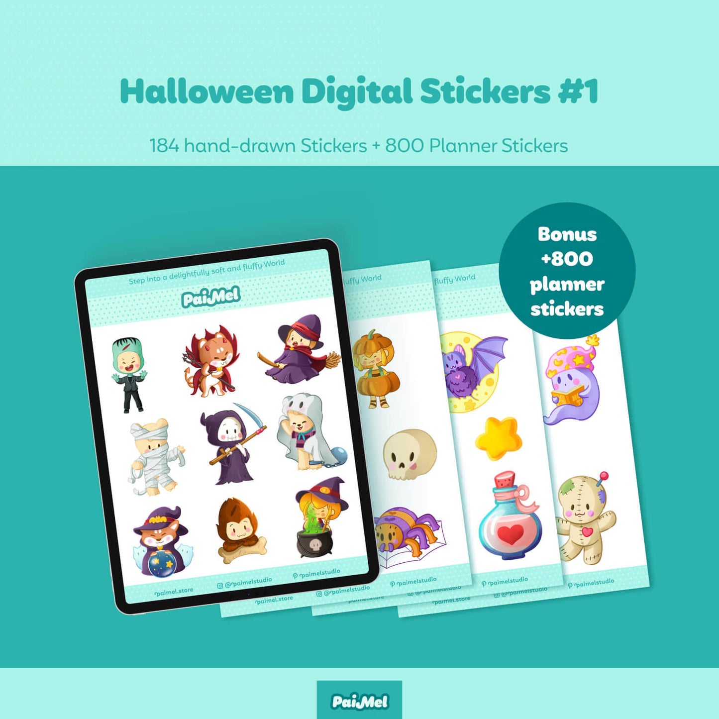 Image with a green background showing an iPad displaying the first sheet of new Halloween Digital Stickers, with more sticker sheets behind it.