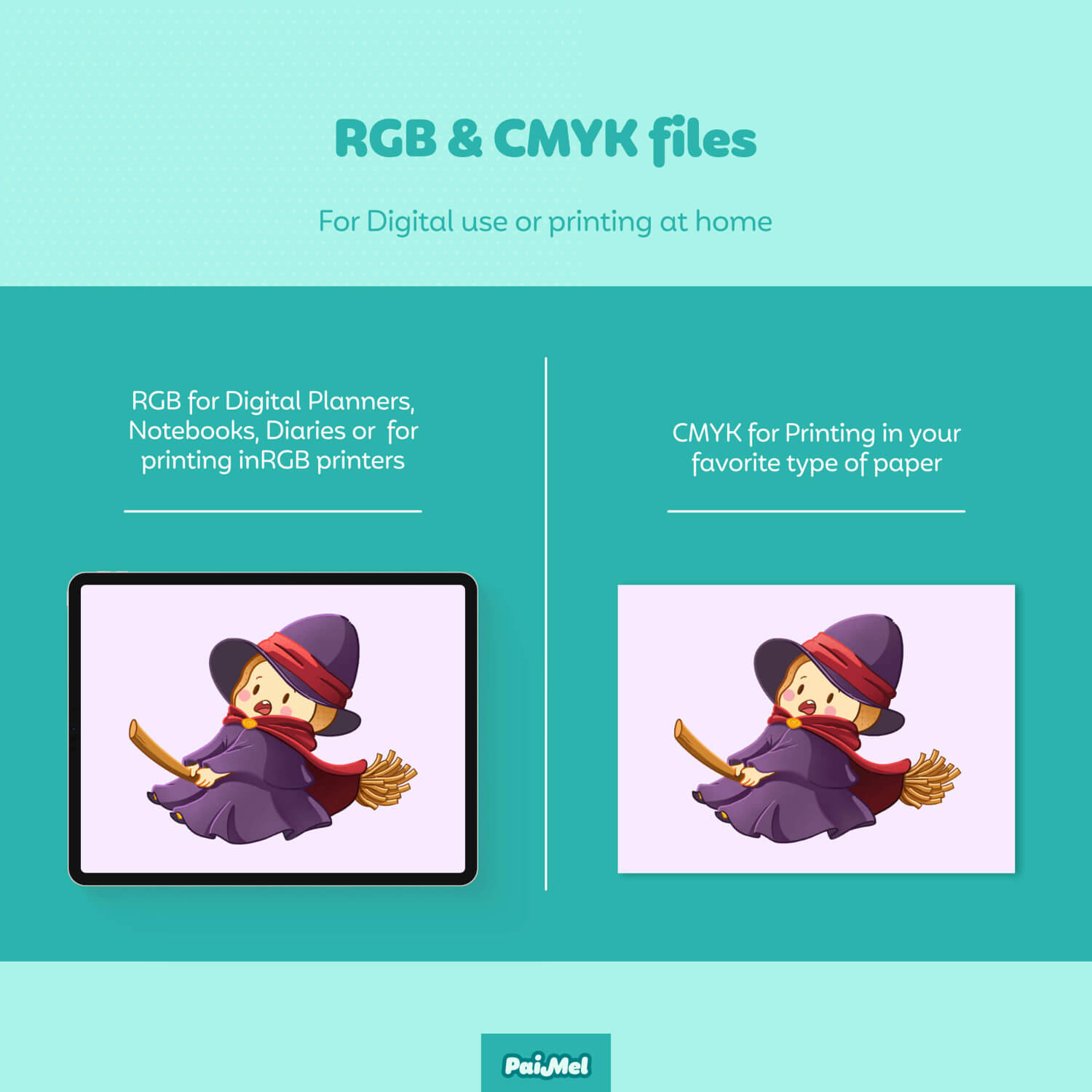 Image with a green background showing an iPad on the left with a sticker in RGB, and on the right, a printed version in CMYK. Stickers are available for digital use or printing.