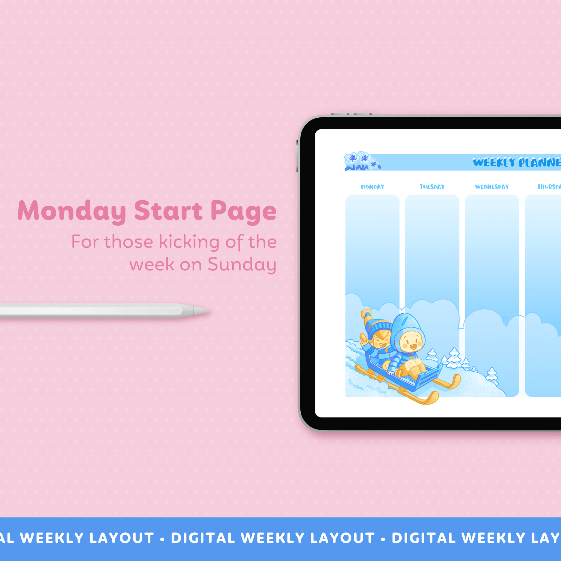 A pink background image showcasing a Winter Weekly Page that starts the week on Monday.