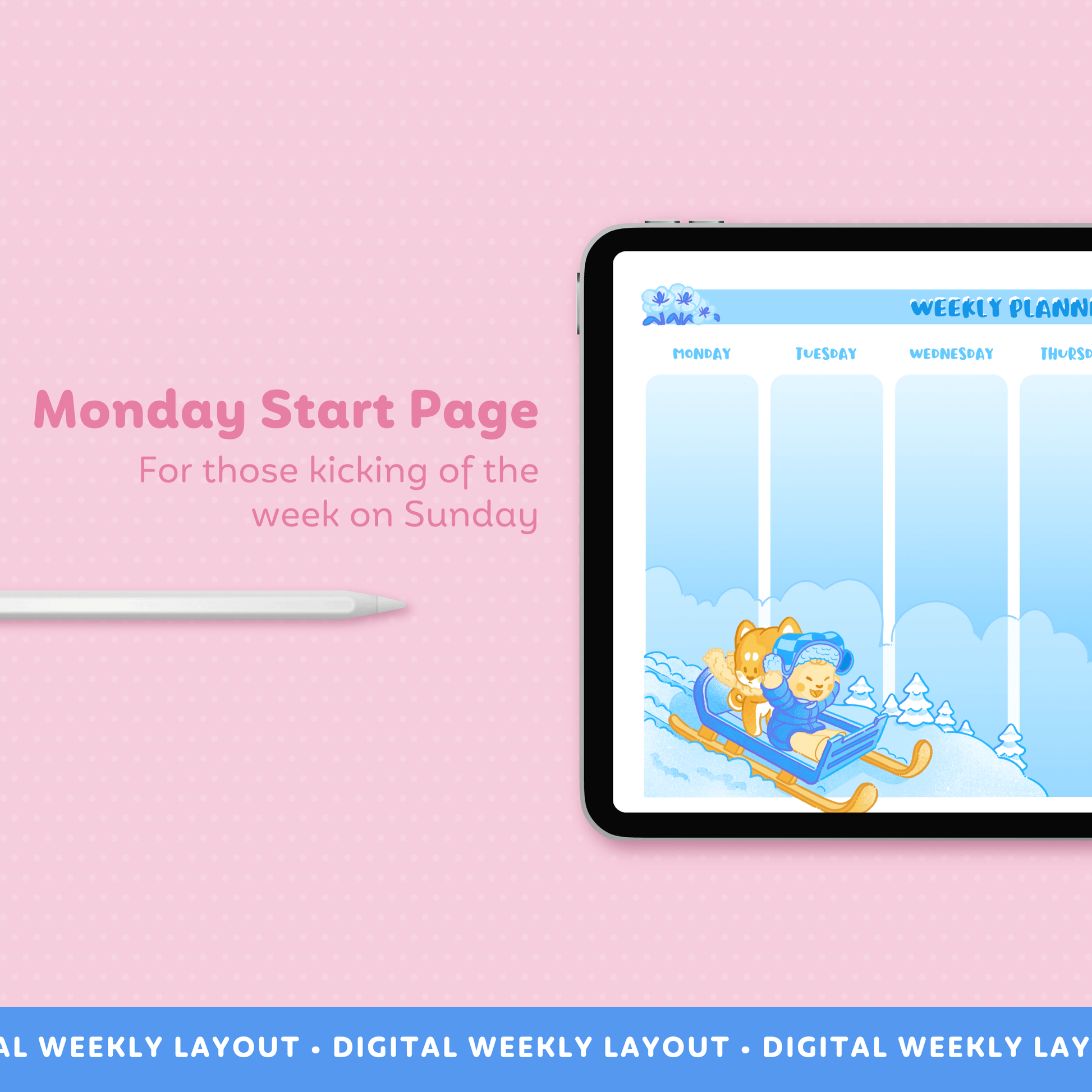 A pink background image showcasing a Winter Weekly Page that starts the week on Monday.