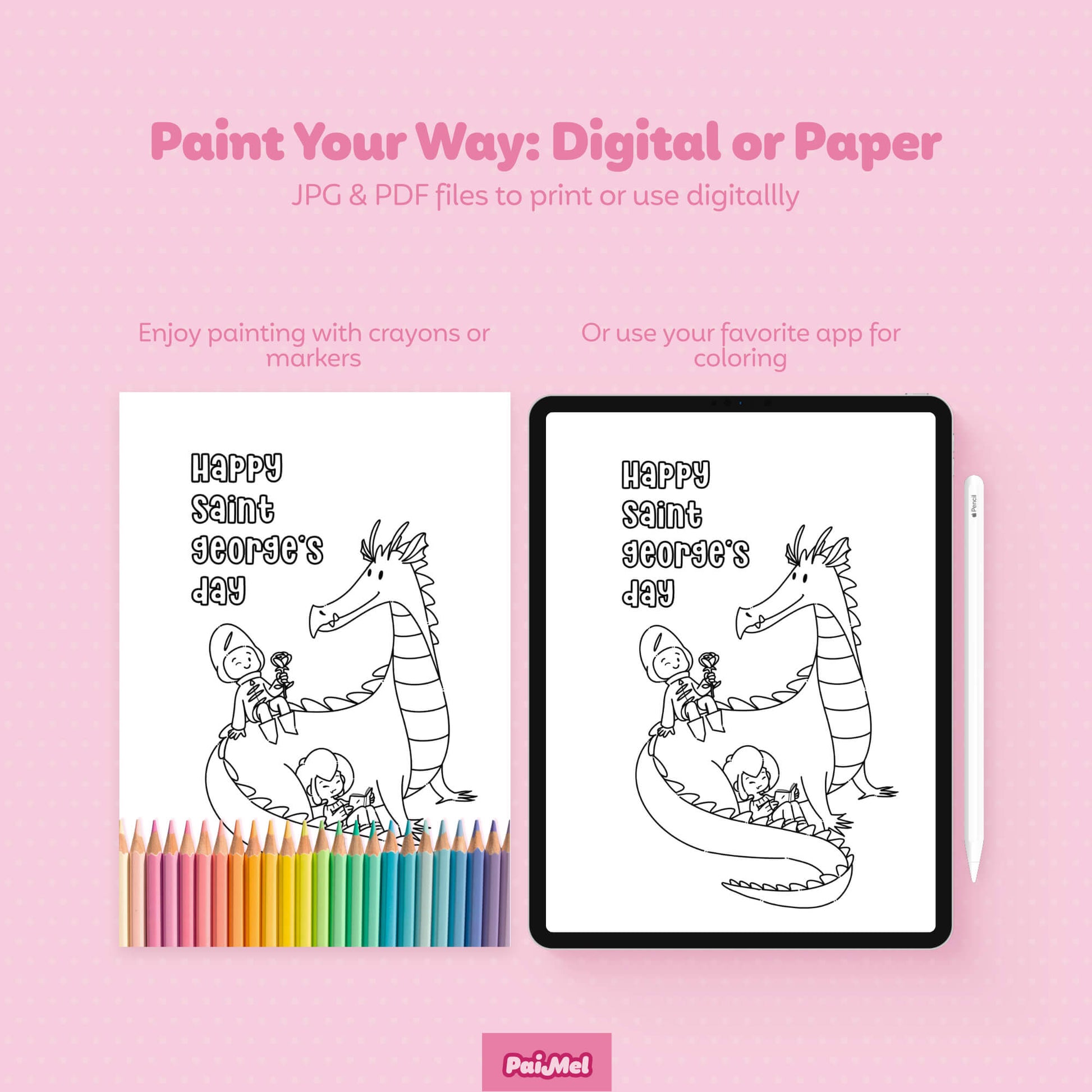 Pink background presenting two images of a product from Paimel Brand. On the left, a printable black outline for coloring physically in a printed paper. On the right, the same digital image on an iPad, ready for digital coloring using an illustration app