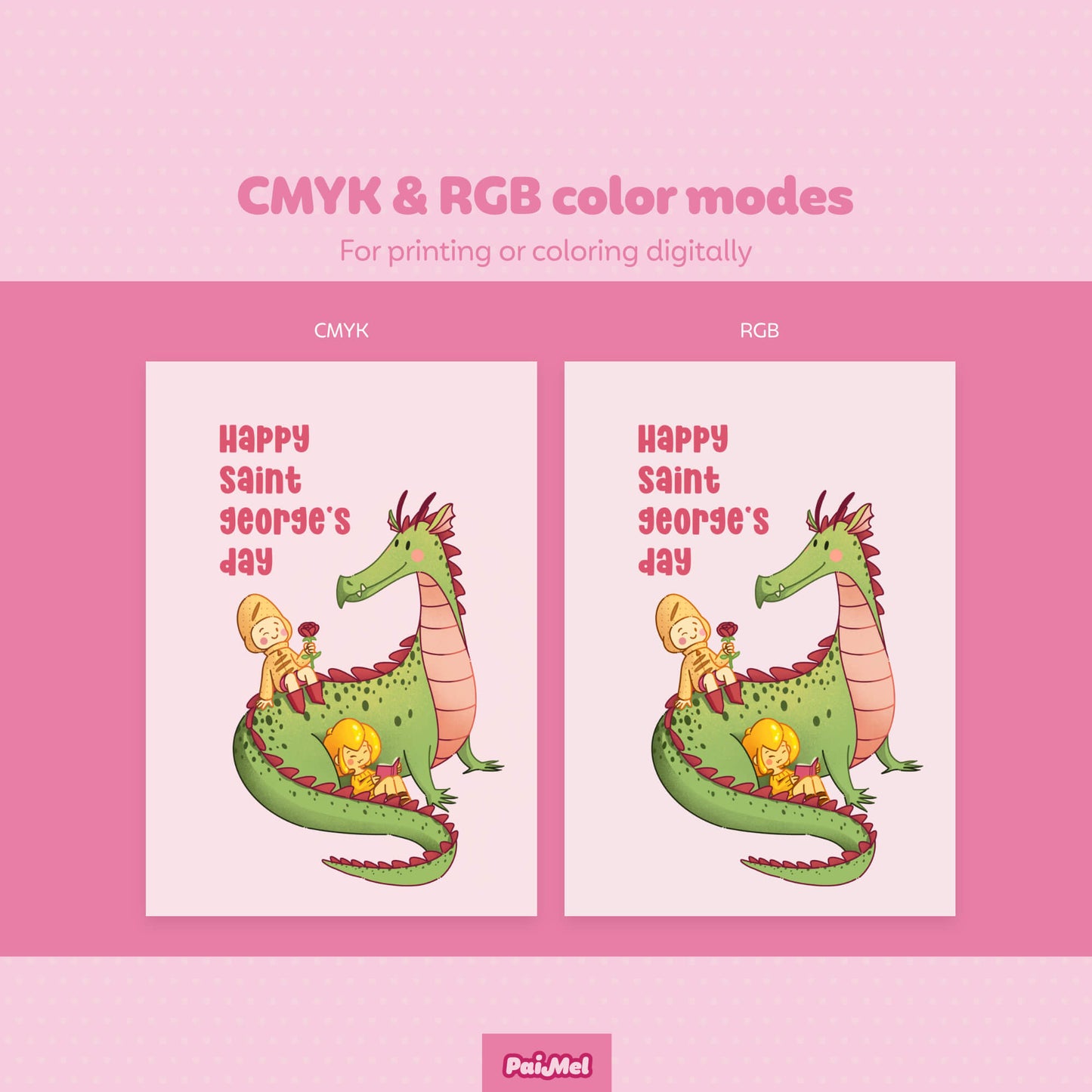 Pink background showcasing two images of a product from Paimel Brand. On the left, a CMYK color image for physical printing and mailing of a Postcard themed around Saint Georde's Day. On the right, the same image in RGB format for digital use or email delivery.