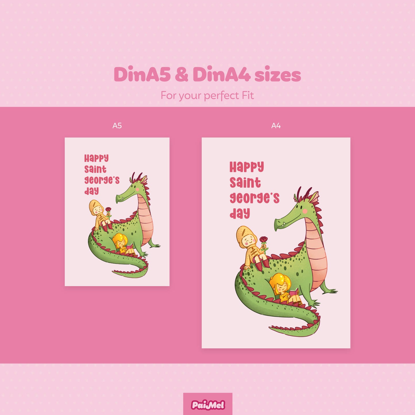 Pink background presenting two images of a product from Paimel Brand, each in a different size. On the left, a DIN A5-sized Postcard themed around Saint George's Day. On the right, the same image in DIN A4 size, offering versatility for different purposes or applications