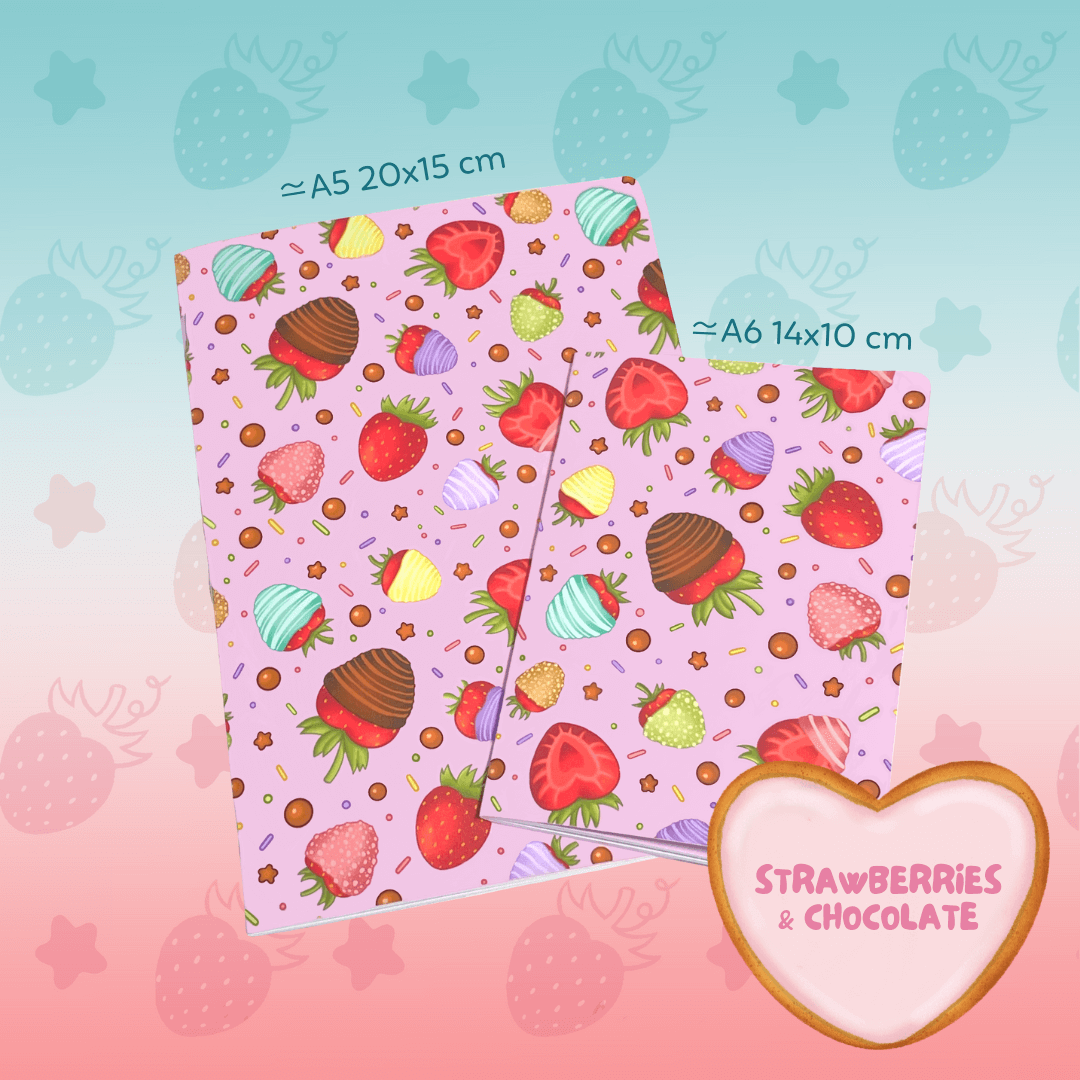 Two notebooks A5 & A6 size with a pattern of strawberries & chocolate with a pink background.