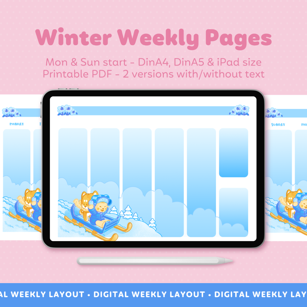 Pink Background. Image showcasing the winter weekly pages withPa and Mel, the main characters of Paimel Studio as a protagonist. One is a blank page without text and there are a Monday and Sunday start versions with text.