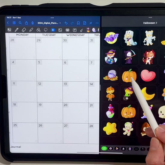 Video  that shows the use of the Halloween stickers Collection in the app Goodnotes.